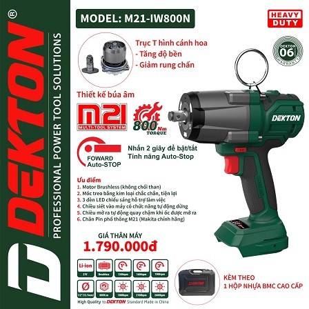MÁY SIẾT BULONG PIN 21V DEKTON M21-IW800N ( chưa pin và sạc)
